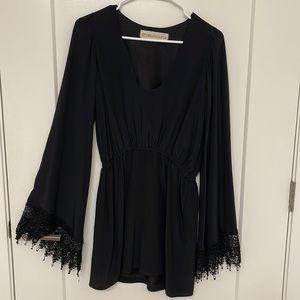 Stone cold fox black silk dress with flared lace sleeves